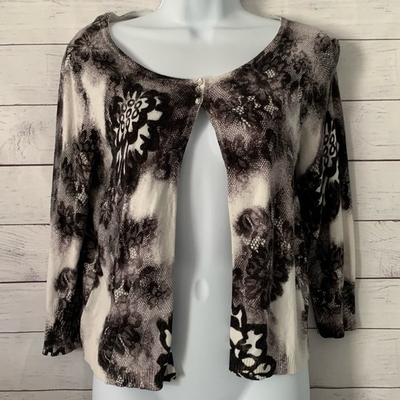 Express Design Studio Floral Lightweight Cardigan-Black/White, ribbed cuffs/hem - Picture 1 of 7